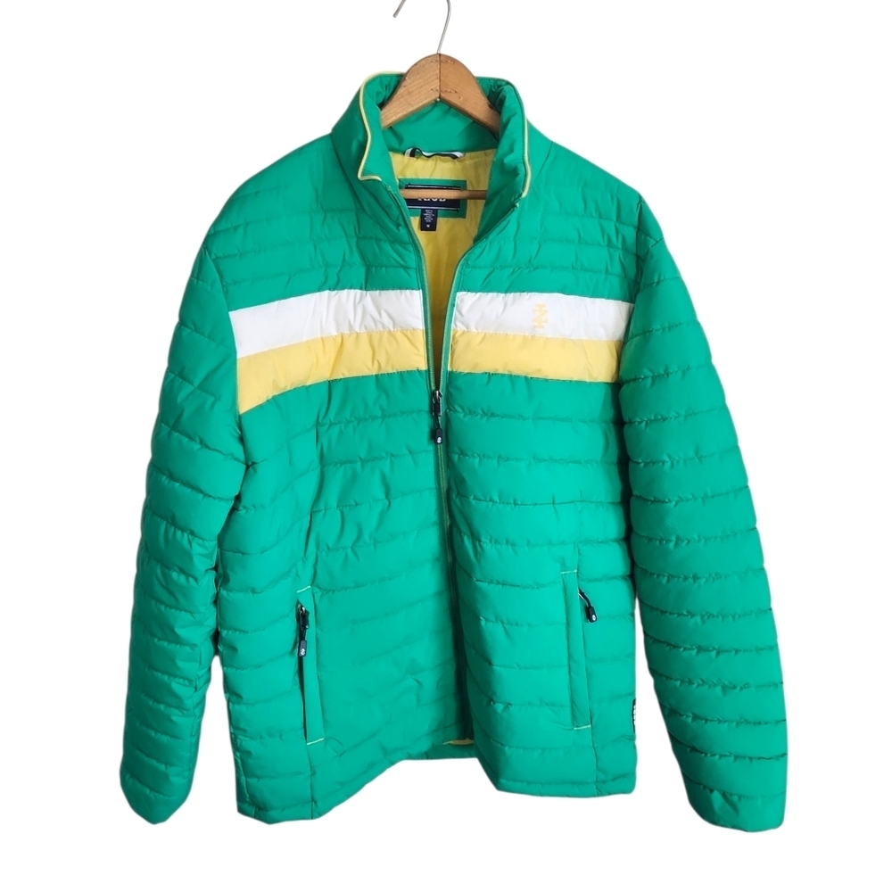Izod Green and Yellow Retro Puffer Zipup Winter Jacket, Medium